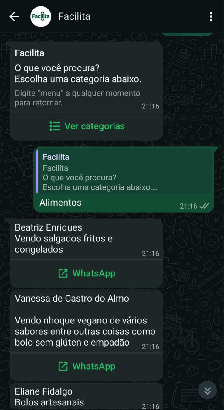 Conversa real com o Facilita no WhatsApp: busca por alimentos, opções de negócios e botões para iniciar o contato.